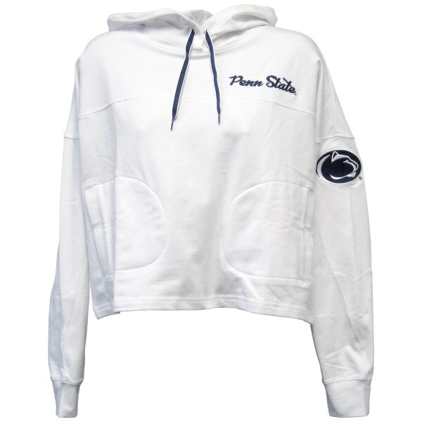 women's white hooded sweatshirt with embroidered Penn State and Athletic Logo